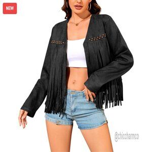 Oversized Fringe Cropped Faux Leather Jacket Western Cowgirl Motorcycle Coat